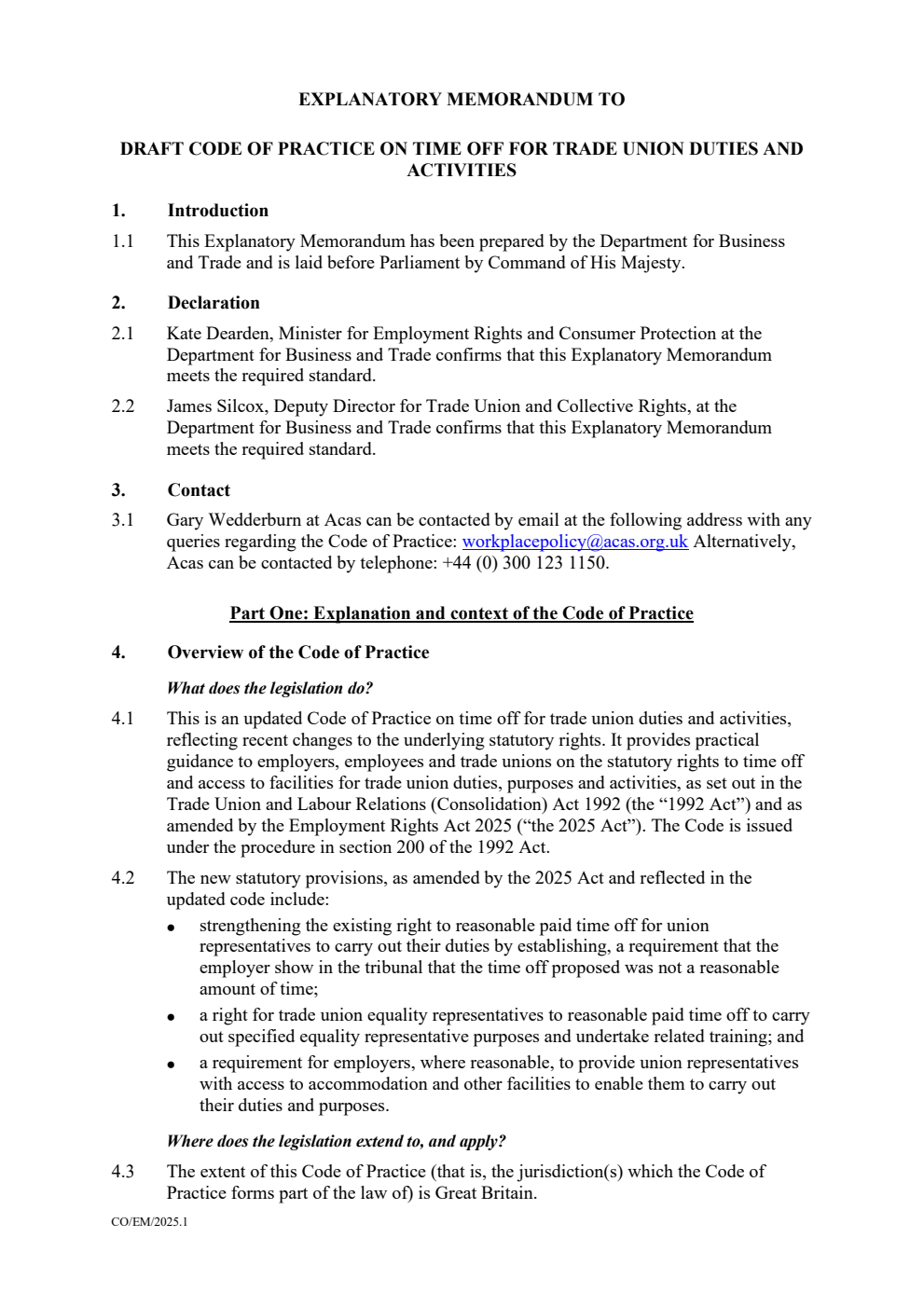 Explanatory memorandum to Draft Acas Code of Practice on Time Off for Trade Union Duties and Activities