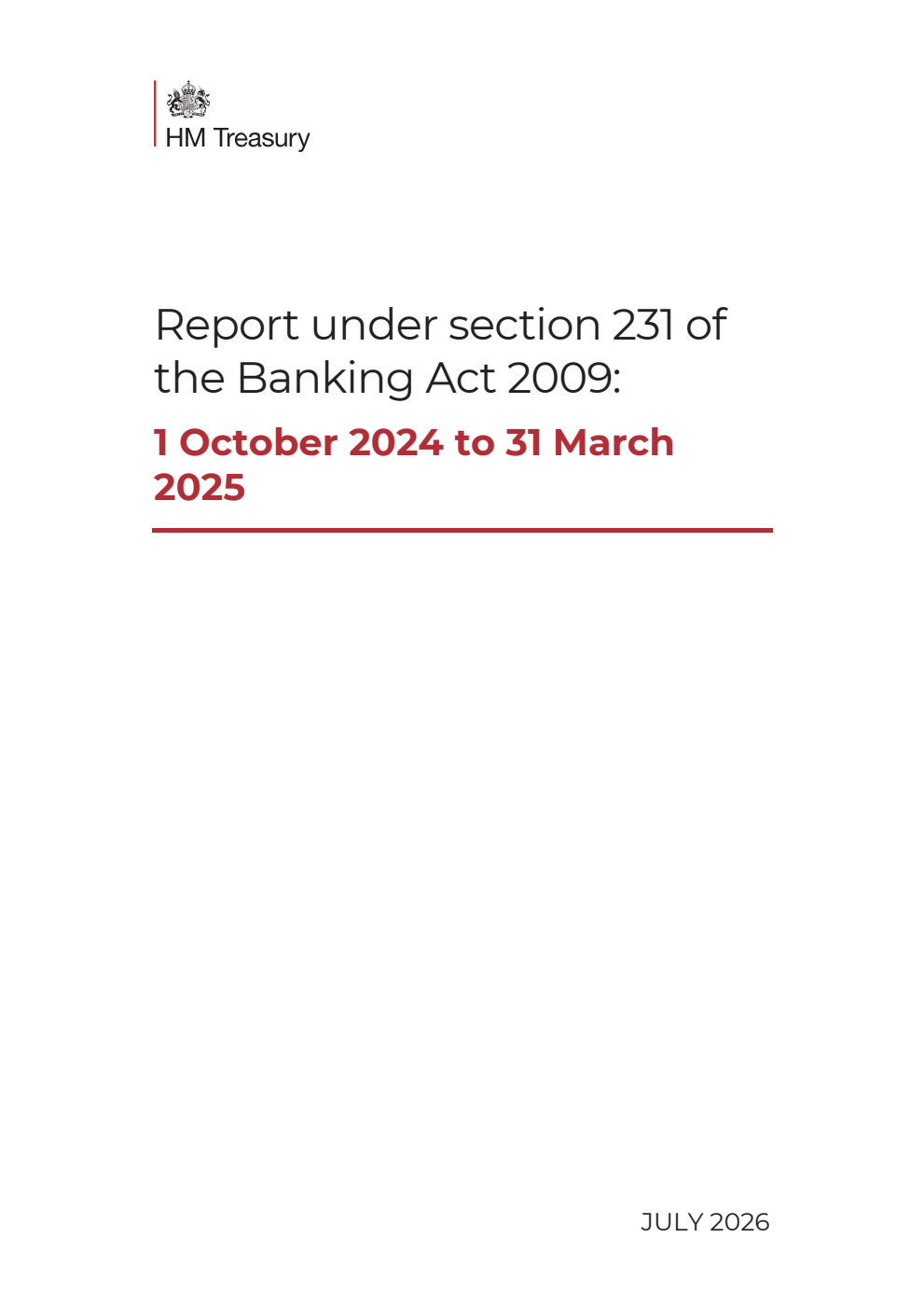 Report under section 231 of the Banking Act 2009: 1 October 2024 to 31 March 2025