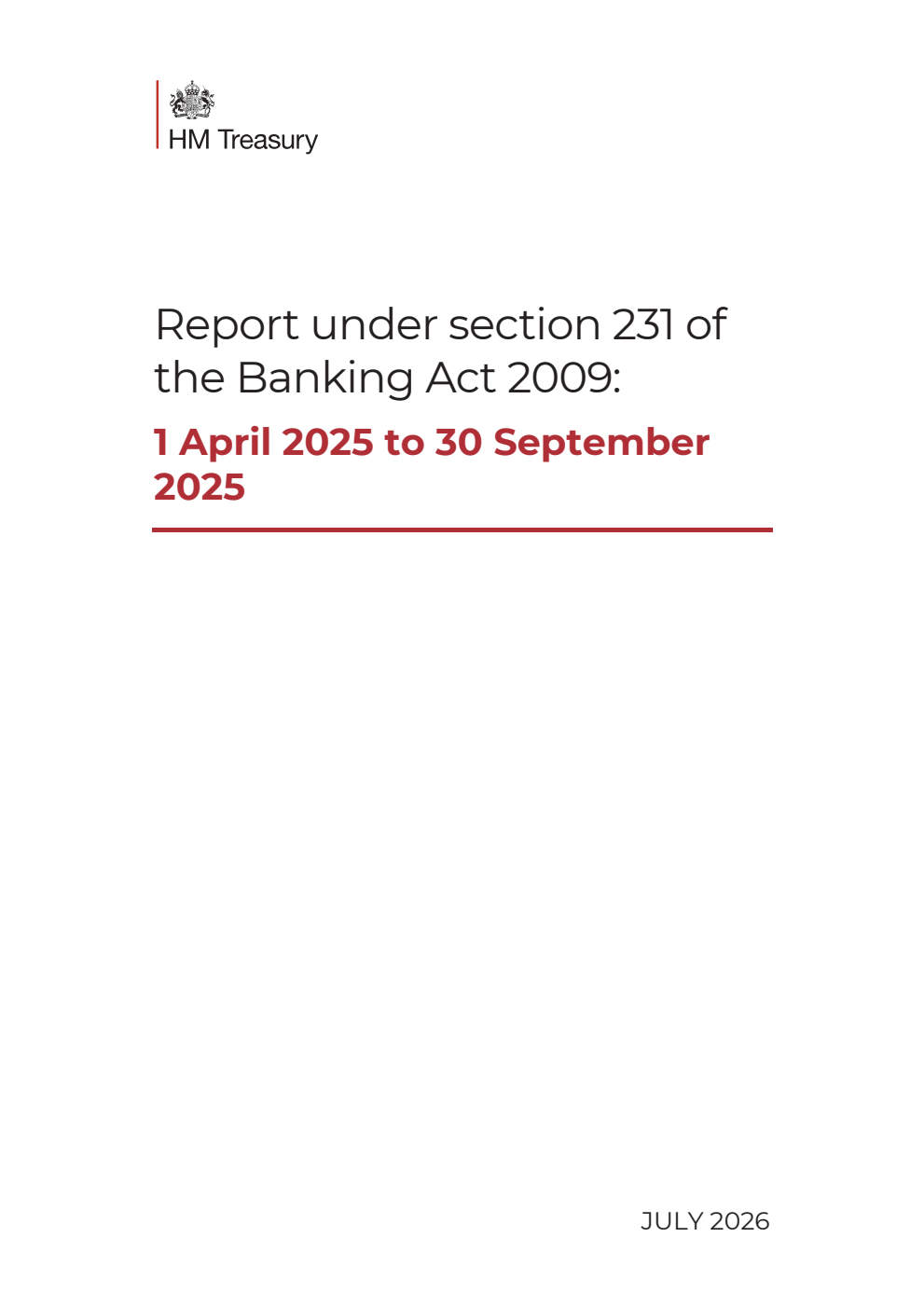 Report under section 231 of the Banking Act 2009: 1 April 2025 to 30 September 2025