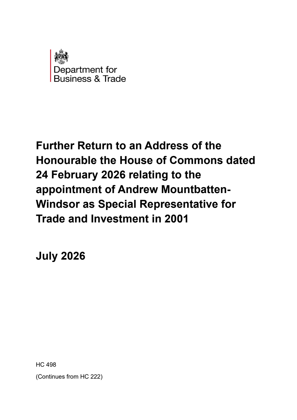 Further Return to an Address of the Honourable the House of Commons dated 24 February 2026 relating to the appointment of Andrew MountbattenWindsor as Special Representative for Trade and Investment in 2001
