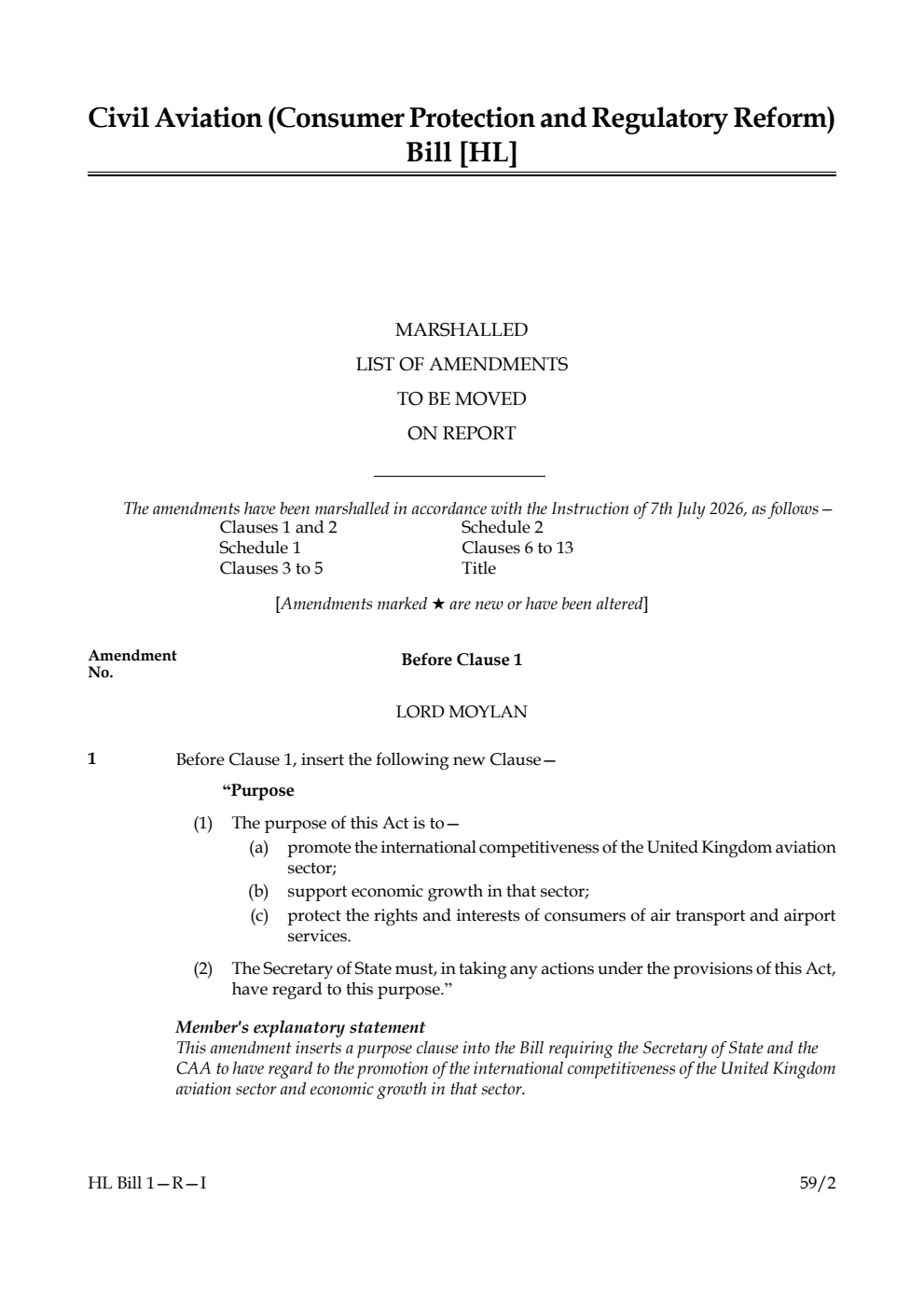 Civil Aviation (Consumer Protection and Regulatory Reform) Bill Marshalled List of amendments to be moved on report