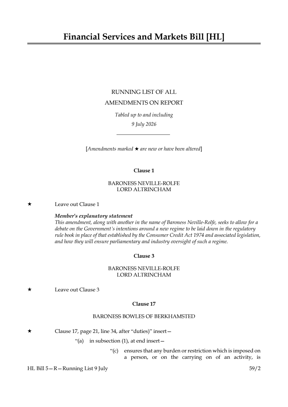 Financial Services and Markets Bill Running List of all amendments on report tabled up to and including 9 July 2026
