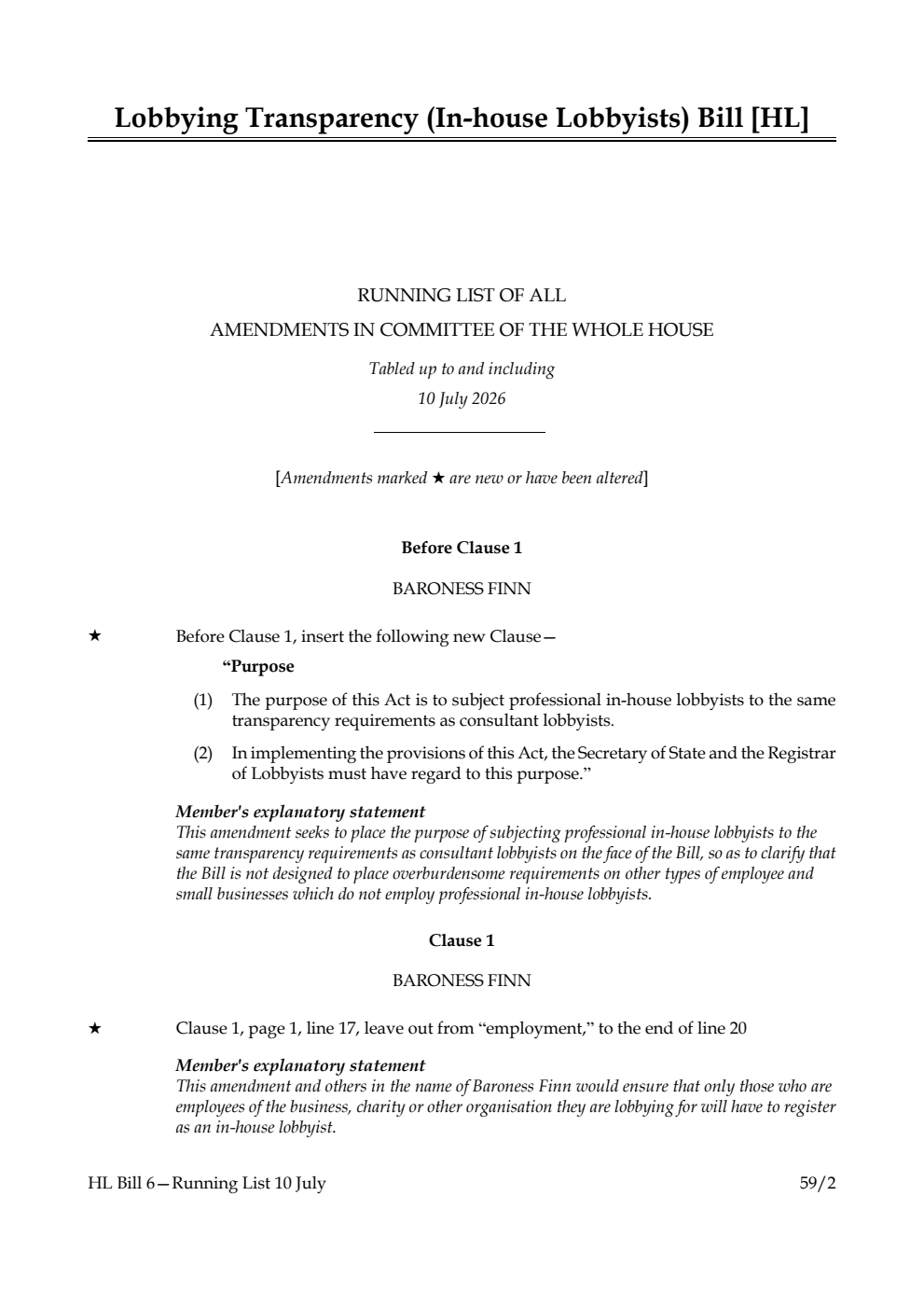 Lobbying Transparency (In-house Lobbyists) Bill Running List of all amendments in Committee of the Whole House tabled up to and including 10 July 2026