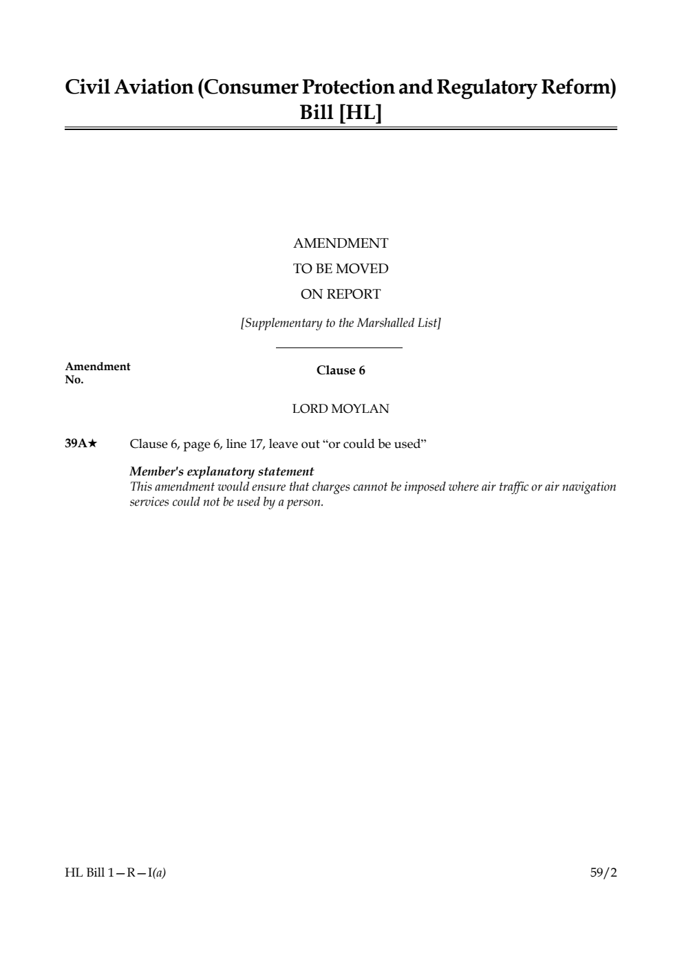Civil Aviation (Consumer Protection and Regulatory Reform) Bil Amendment to be moved on Report [Supplementary to the Marshalled List] 