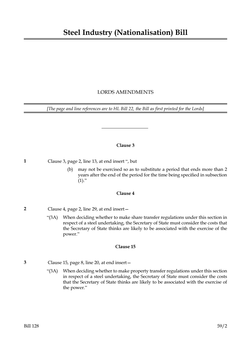 Steel Industry (Nationalisation) Bill Lords amendments
