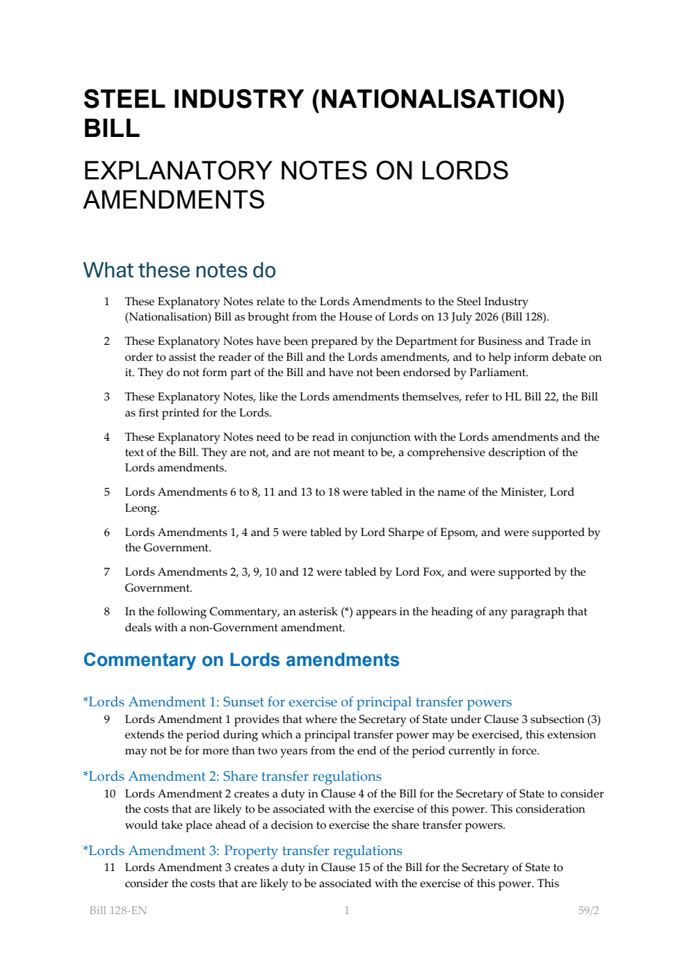 Steel Industry (Nationalisation) Bill Explanatory Notes on Lords amendments