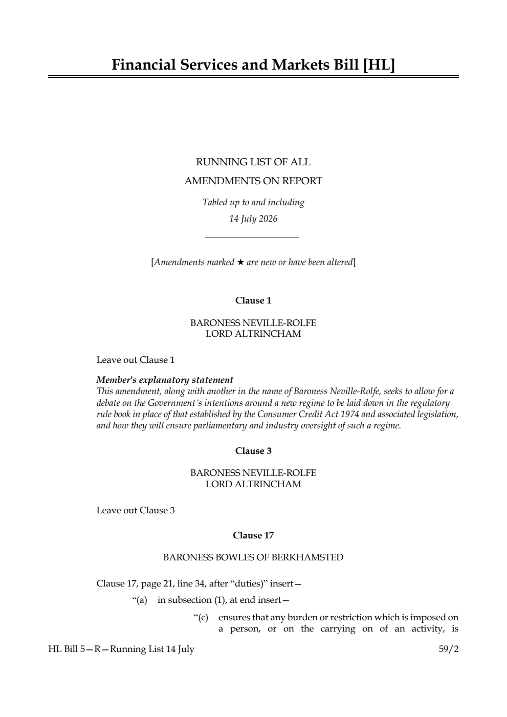 Financial Services and Markets Bill Running List of all amendments on report tabled up to and including 14 July 2026