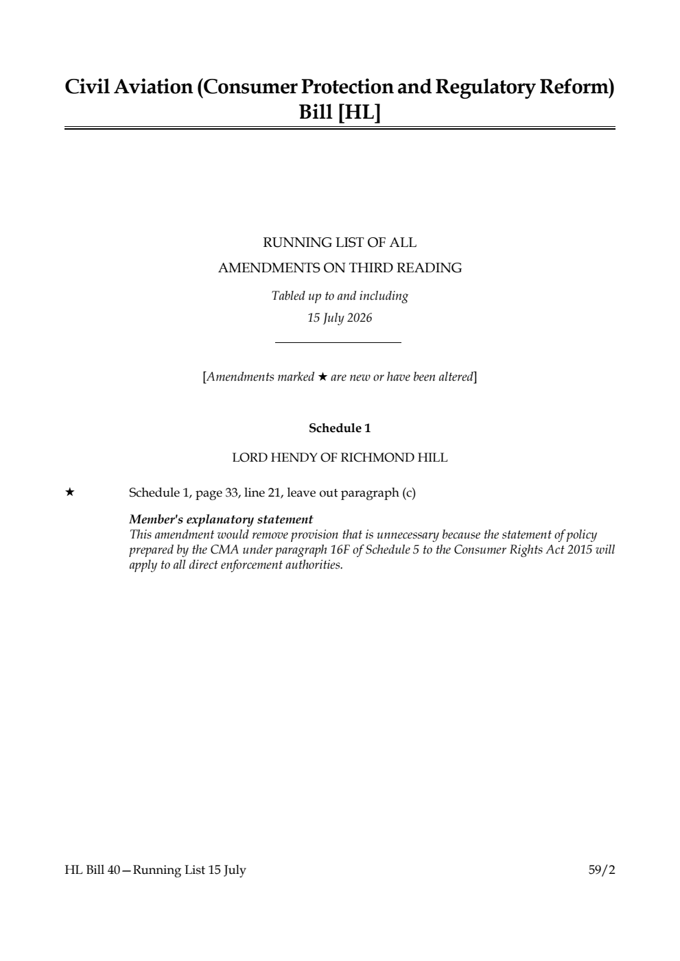 Civil Aviation (Consumer Protection and Regulatory Reform) Bill Running List of all amendments on third reading tabled up to and including 15 July 2026