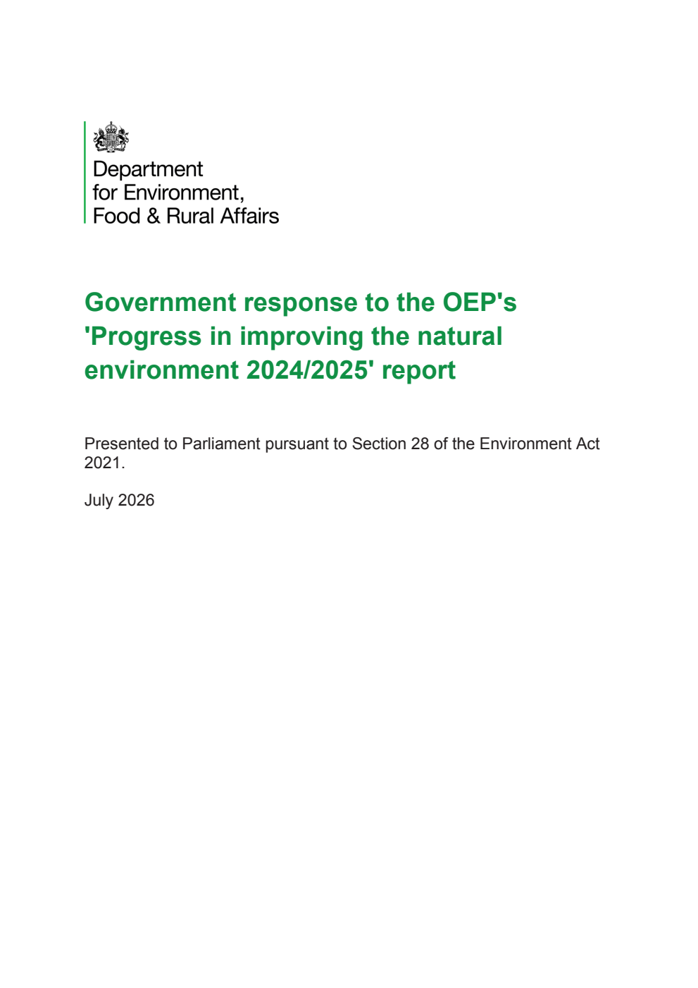 Government response to the OEP's 'Progress in improving the natural environment 2024/2025' report