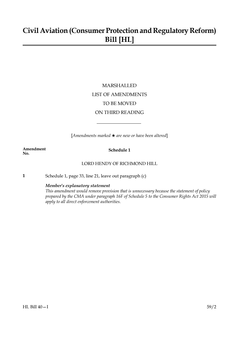 Civil Aviation (Consumer Protection and Regulatory Reform) Bill Marshalled List of amendments to be moved on third reading