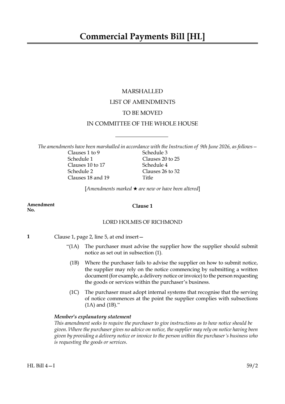 Commercial Payments Bill Marshalled List of amendments to be moved in Committee of the Whole House
