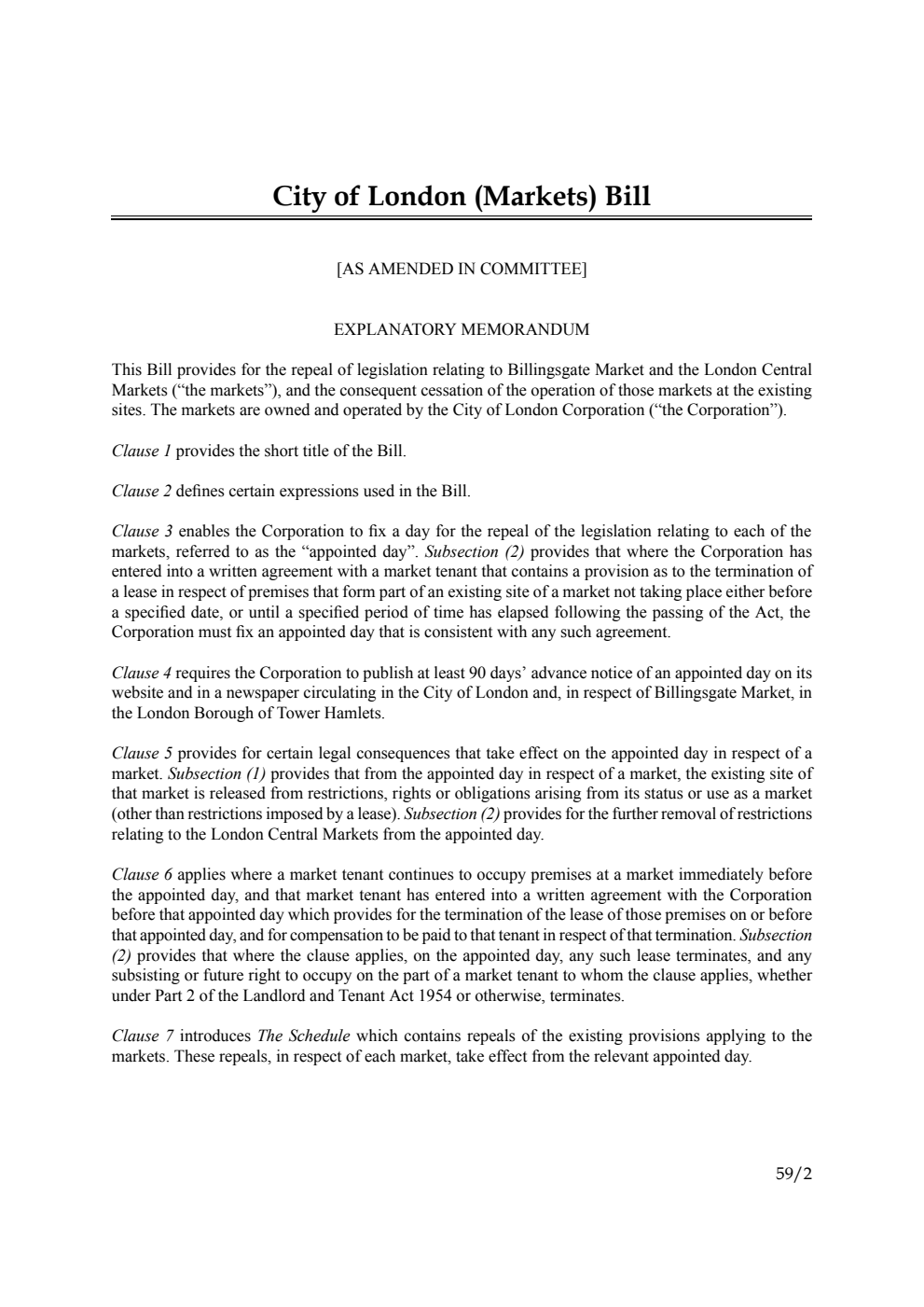 City of London (Markets) Bill [as amended in Committee]