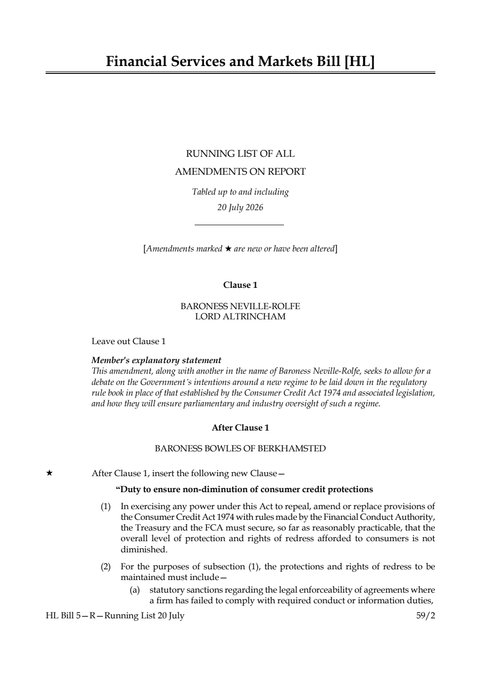 Financial Services and Markets Bill Running List of all amendments on report tabled up to and including 20 July 2026