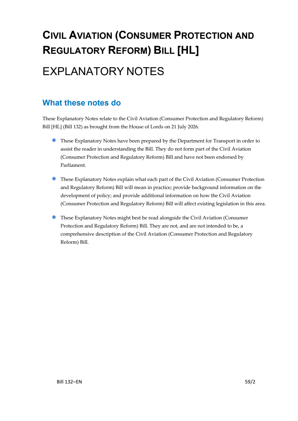 Civil Aviation (Consumer Protection and Regulatory Reform) Bill Explanatory Notes