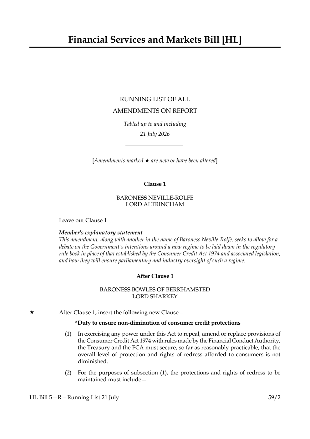 Financial Services and Markets Bill Running List of all amendments on report tabled up to and including 21 July 2026