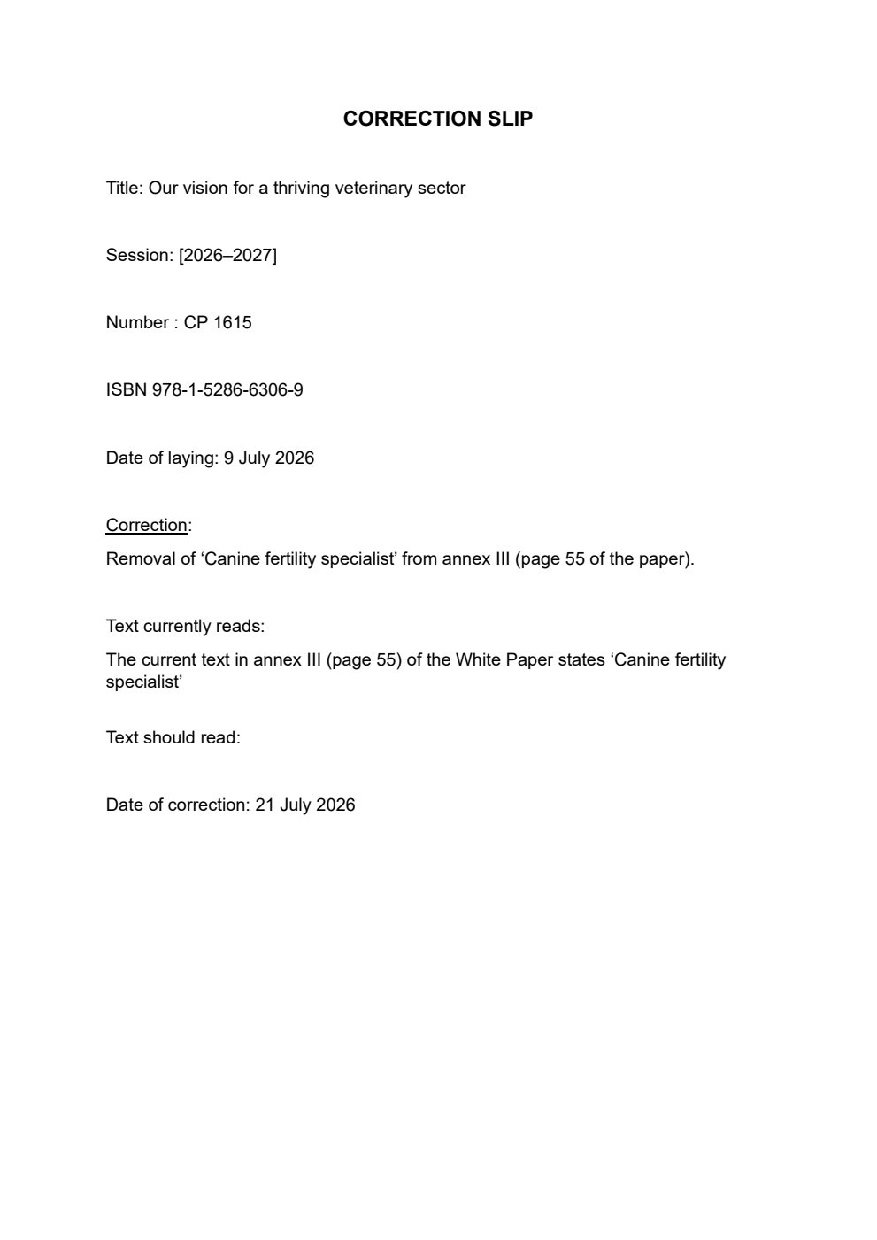 Our vision for a thriving veterinary sector. Correction Slip, July 2026