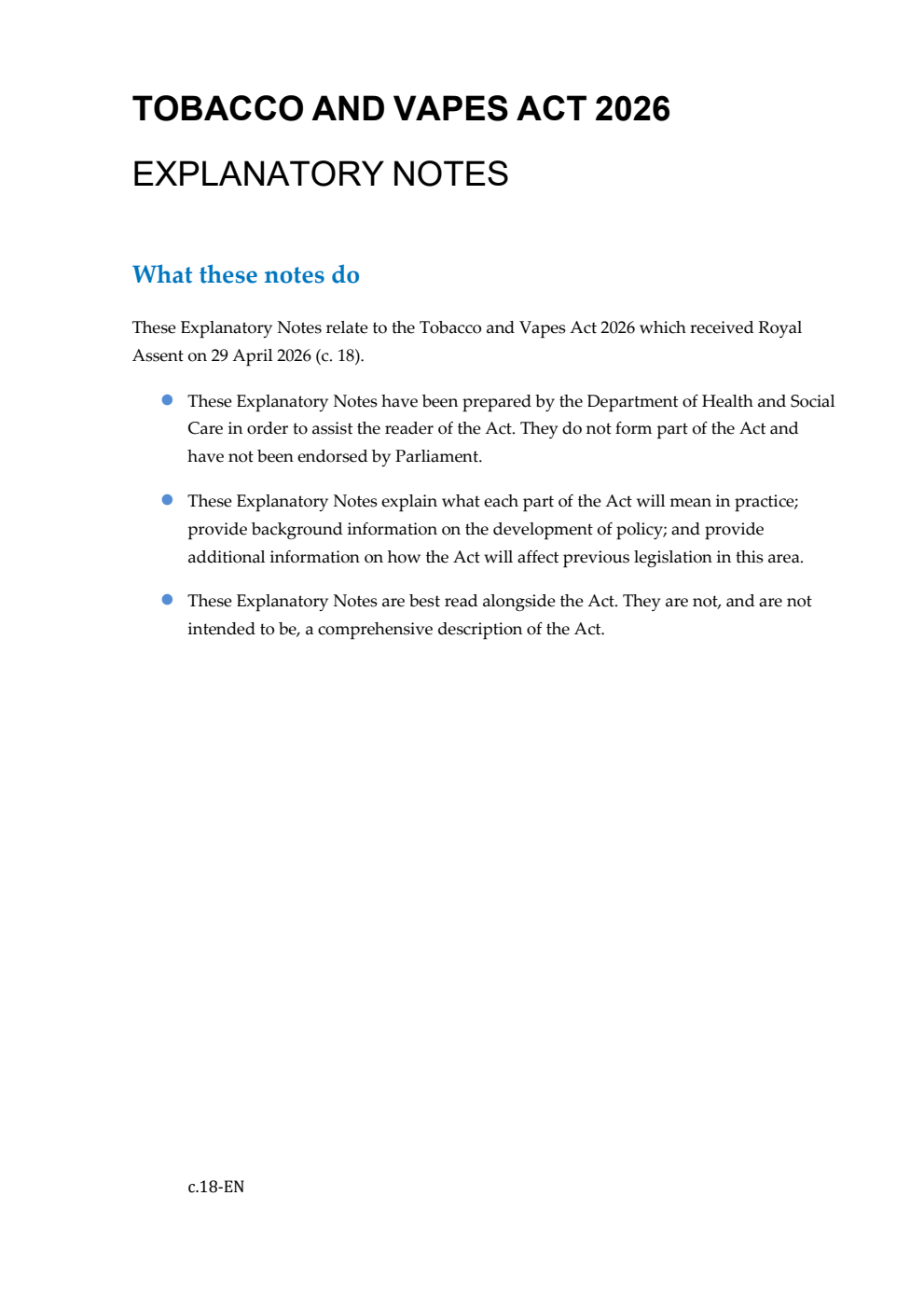 Tobacco and Vapes Act 2026: Chapter 18 Explanatory Notes