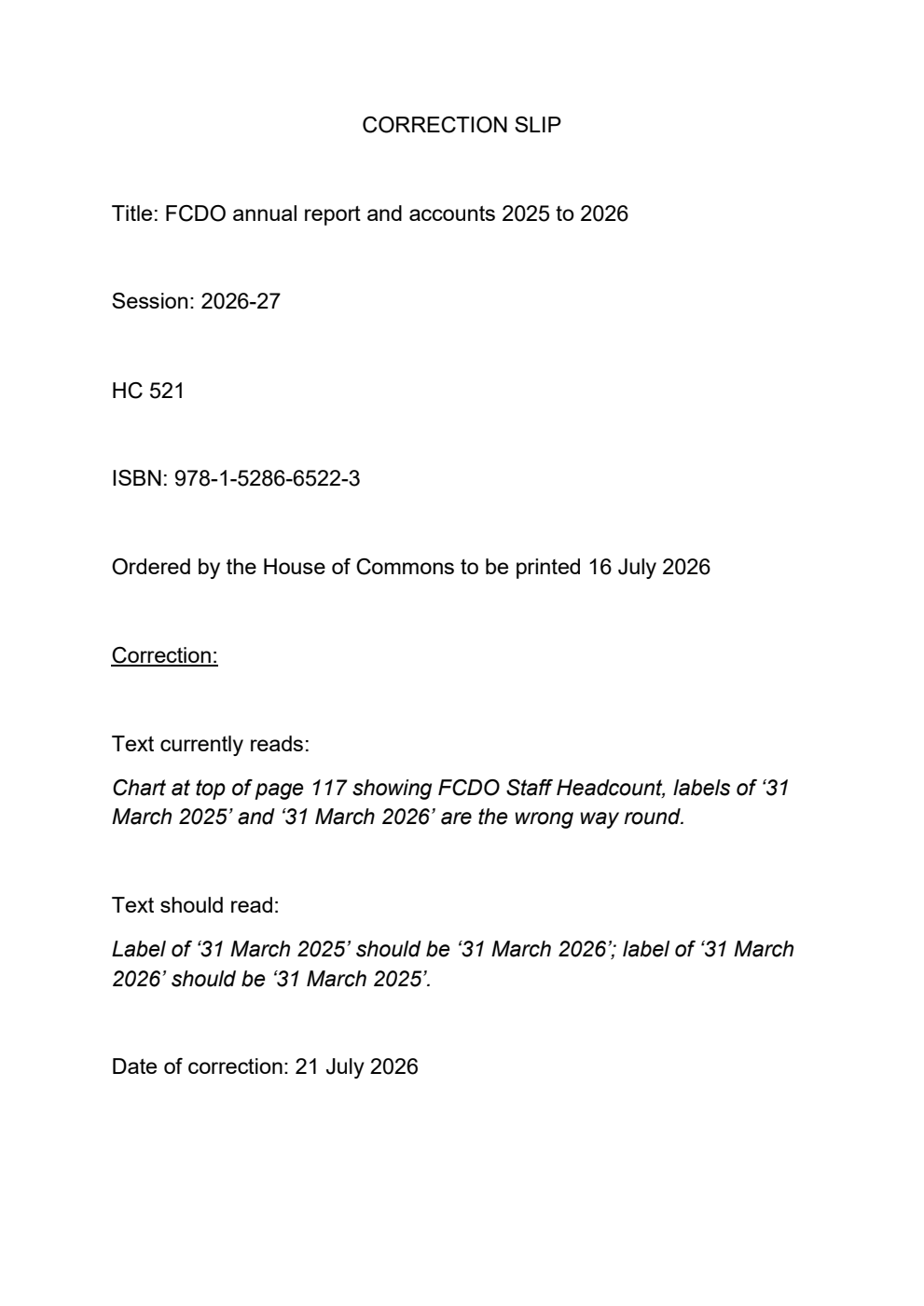 Foreign, Commonwealth & Development Office Annual Report and Accounts 2025-26 for the year ended 31 March 2026. Correction Slip, July 2026