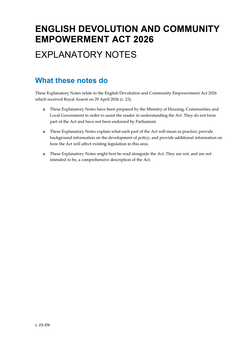 English Devolution and Community Empowerment Act 2026: Chapter 23 Explanatory Notes