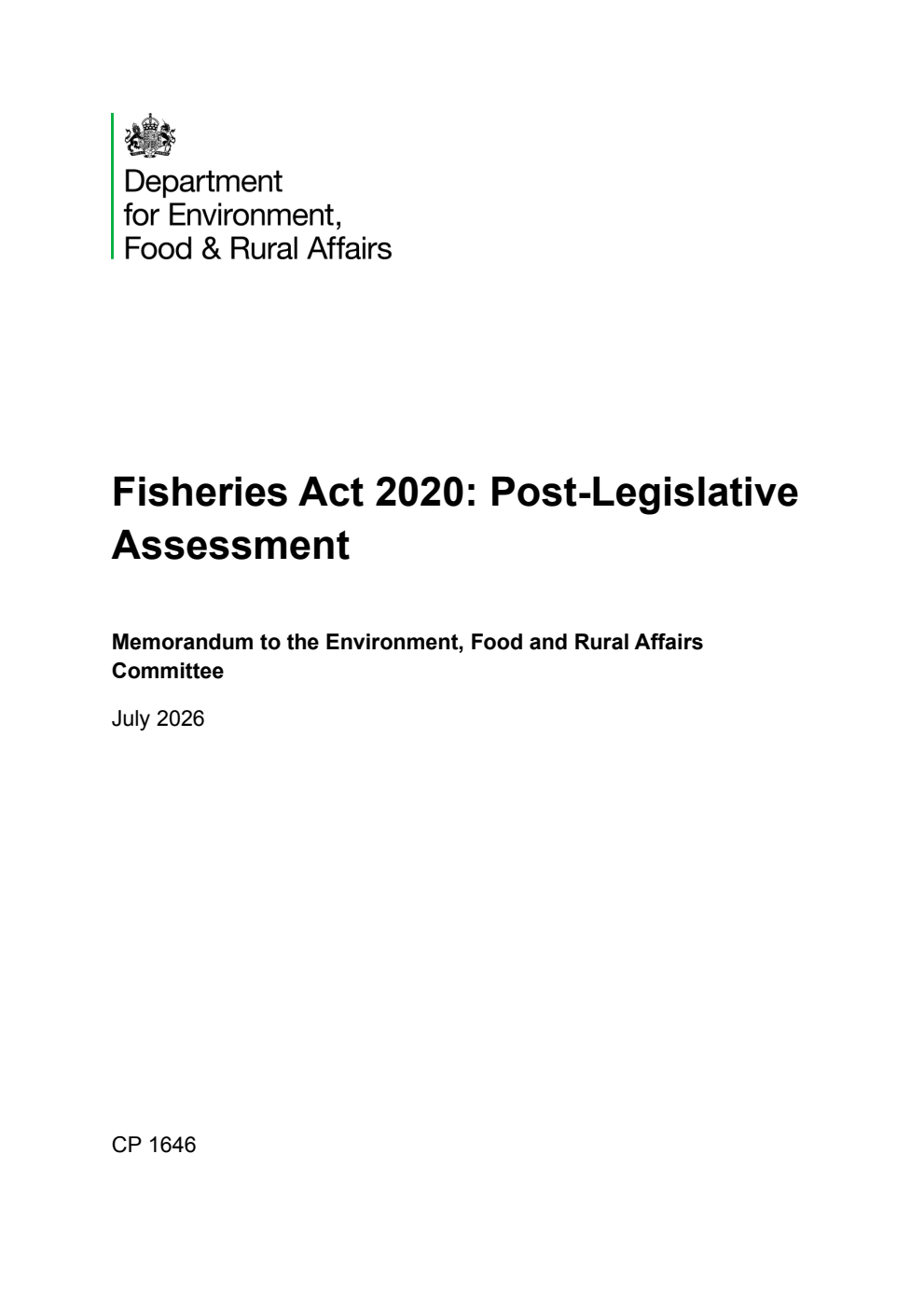 Fisheries Act 2020: Post-Legislative Assessment. Memorandum to the Environment, Food and Rural Affairs Committee