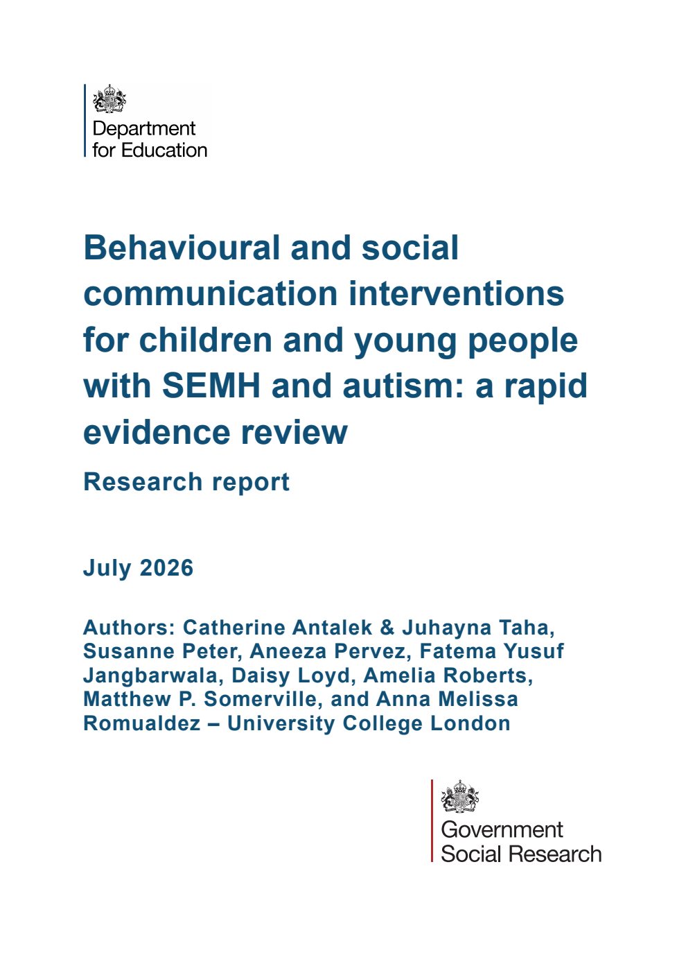 DFE-RR 1624 Behavioural and social communication interventions for children and young people with SEMH and autism: a rapid evidence review - Research report. July 2026