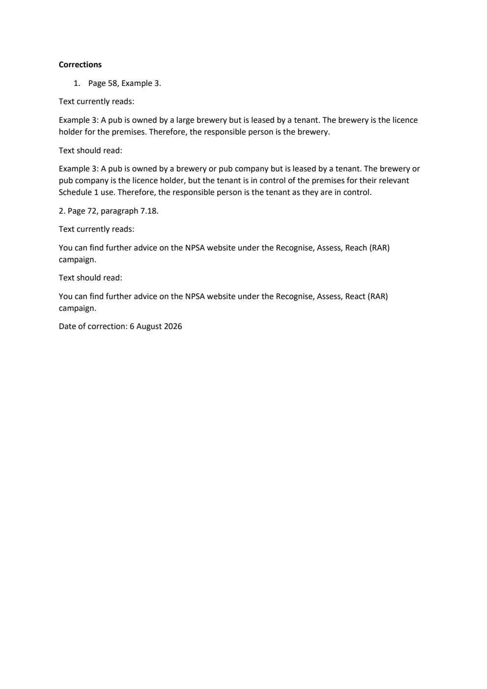 Terrorism (Protection of Premises) Act 2025: Statutory Guidance Correction Slip August 2026