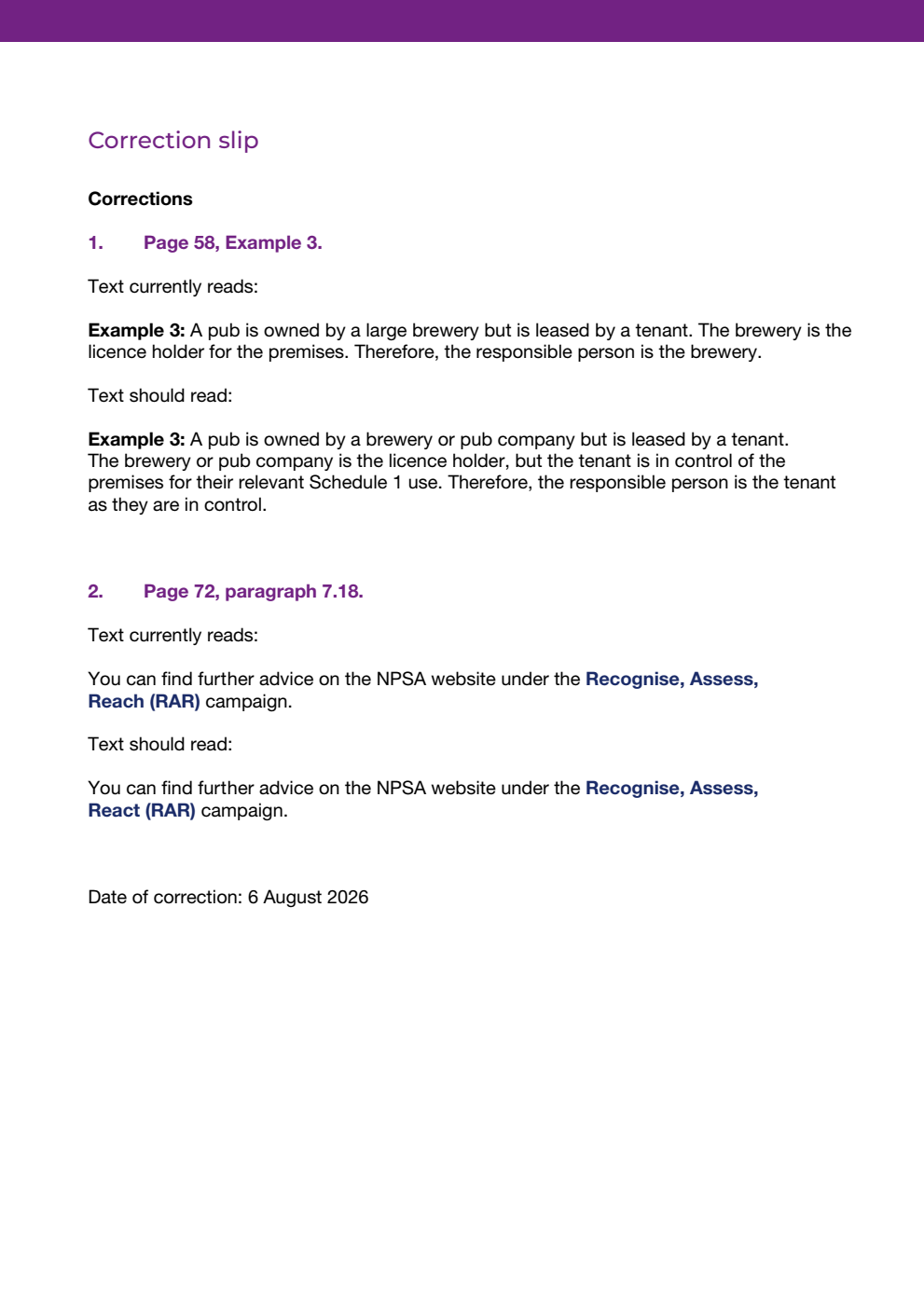 Terrorism (Protection of Premises) Act 2025: Statutory Guidance. Correction Slip, August 2026