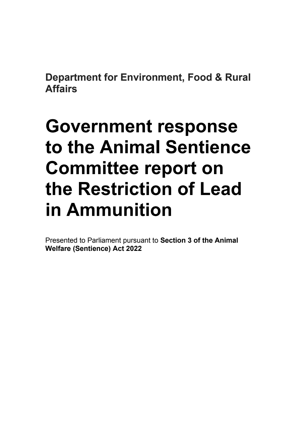 Government response to the Animal Sentience Committee report on the Restriction of Lead in Ammunition