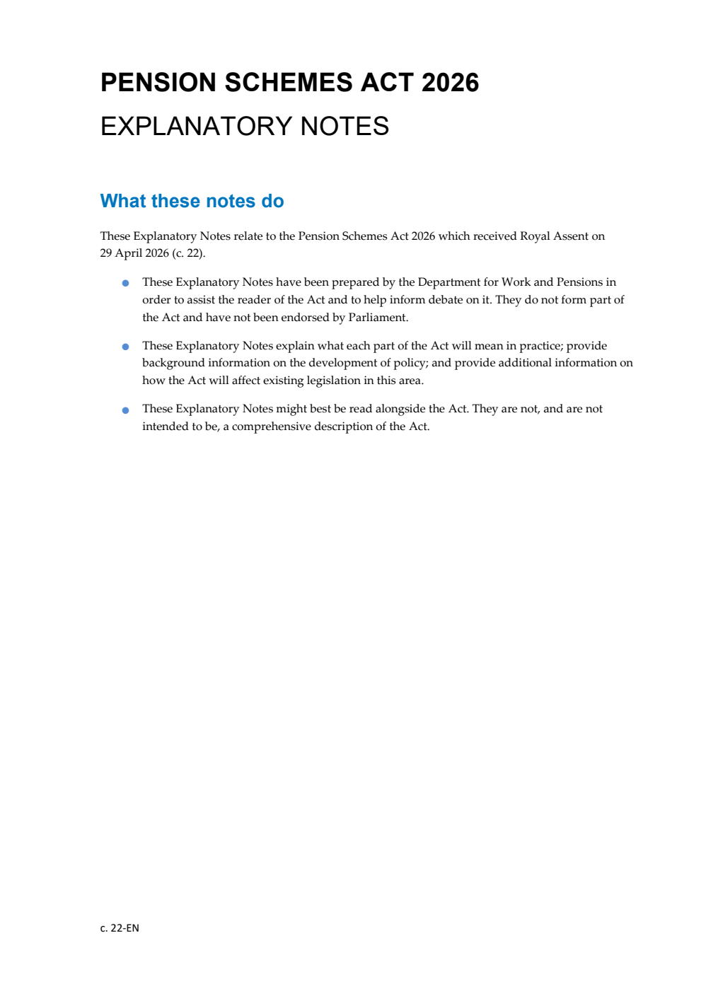 Pension Schemes Act 2026: Chapter 22 Explanatory Notes