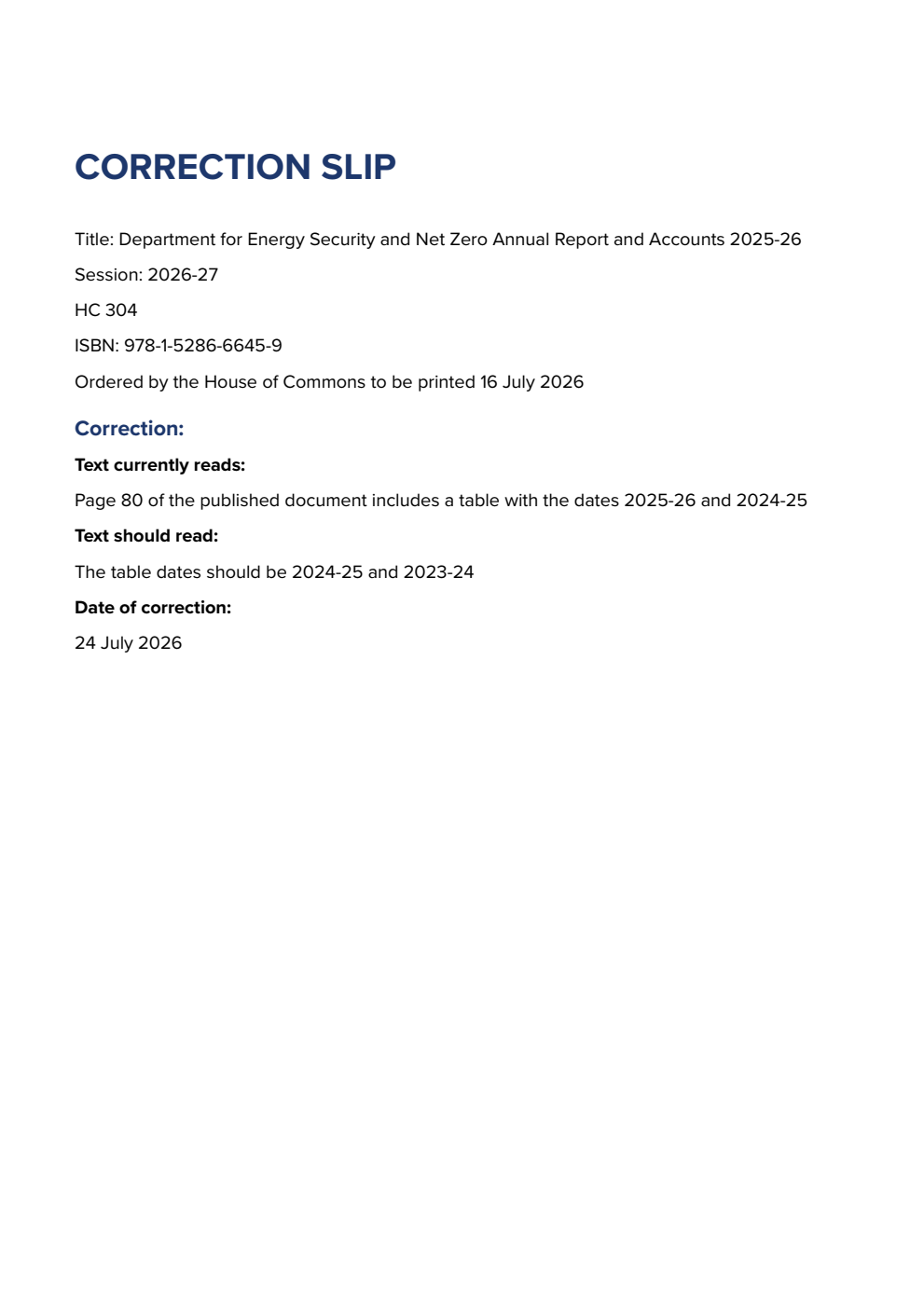 Department for Energy Security and Net Zero Annual Report and Accounts 2025-26 Correction Slip