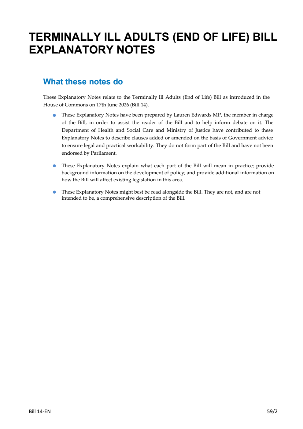 Terminally Ill Adults (End of Life) Bill Explanatory Notes