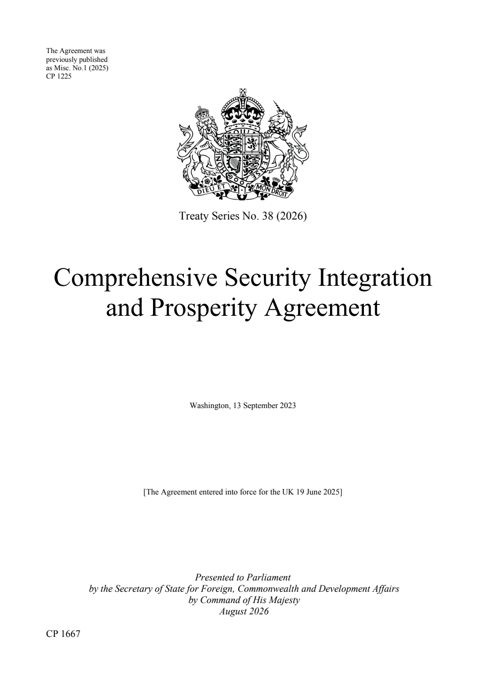Treaty Series No. 38 (2026) Comprehensive Security Integration and Prosperity Agreement. Washington, 13 September 2023