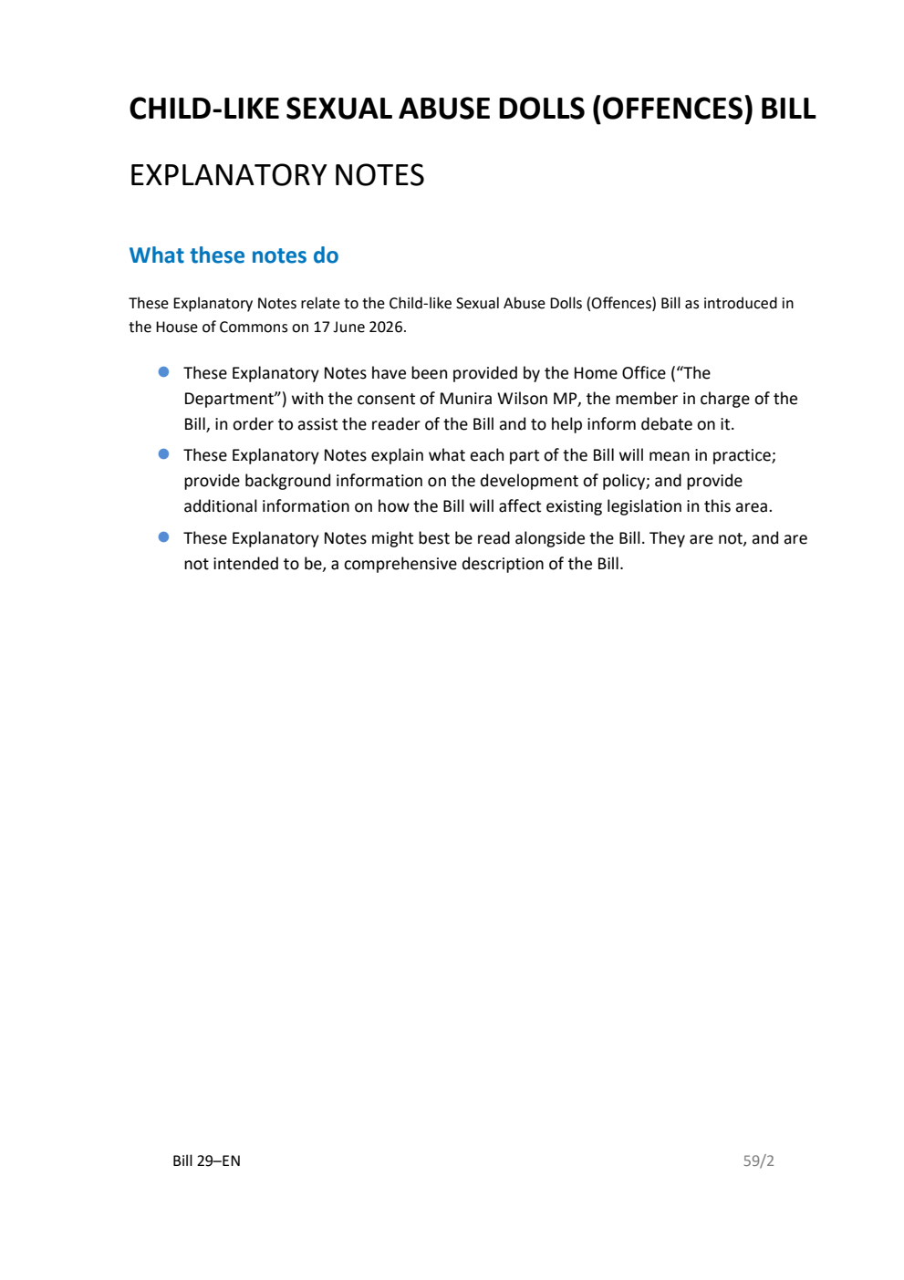 Child-like Sexual Abuse Dolls (Offences) Bill Explanatory Notes