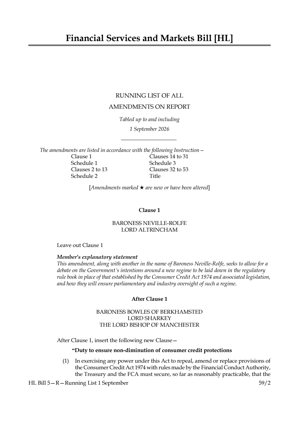 Financial Services and Markets Bill Running List of all amendments on report tabled up to and including 1 September 2026