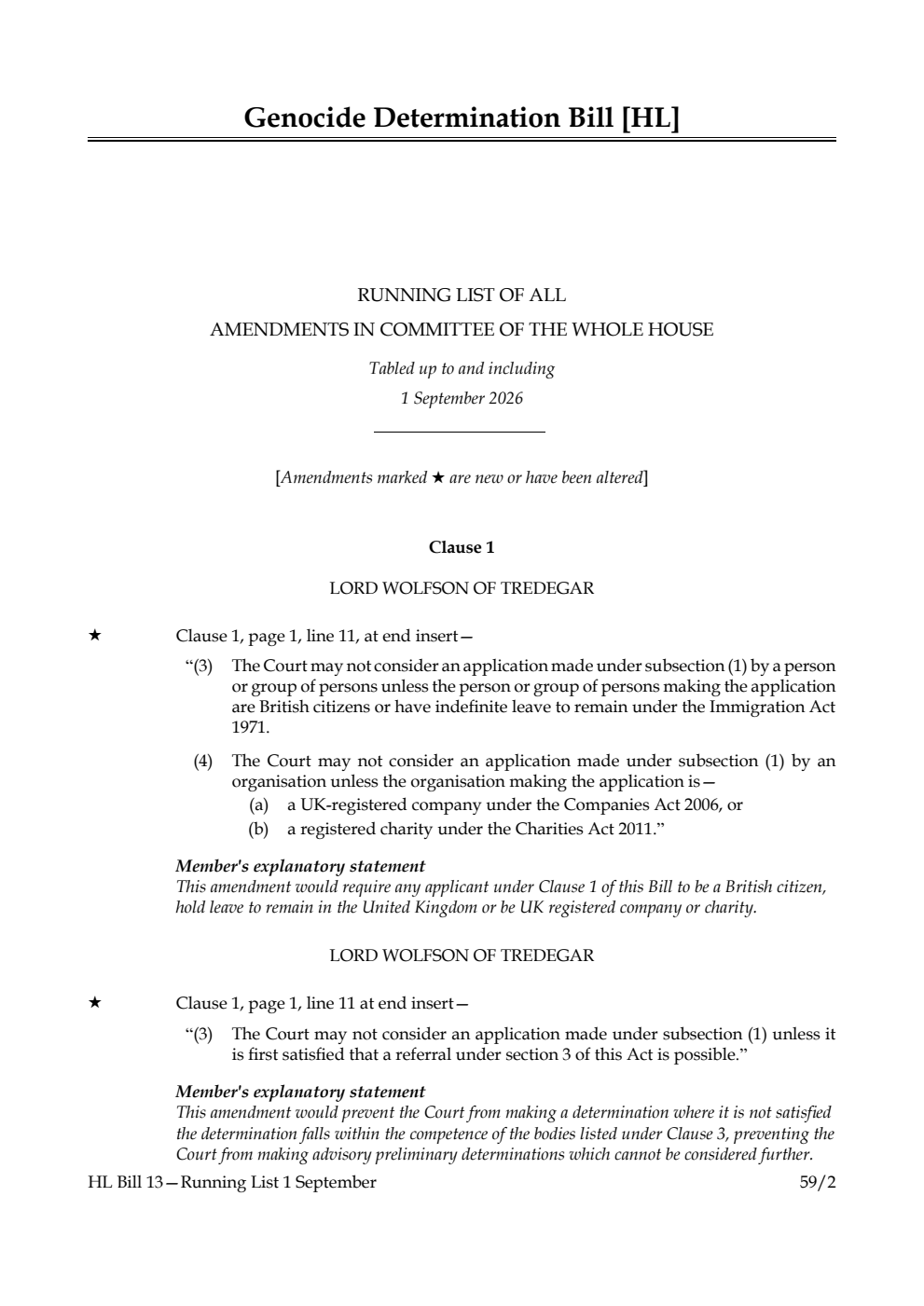 Genocide Determination Bill Running List of all amendments in Committee of the Whole House tabled up to and including 1 September 2026