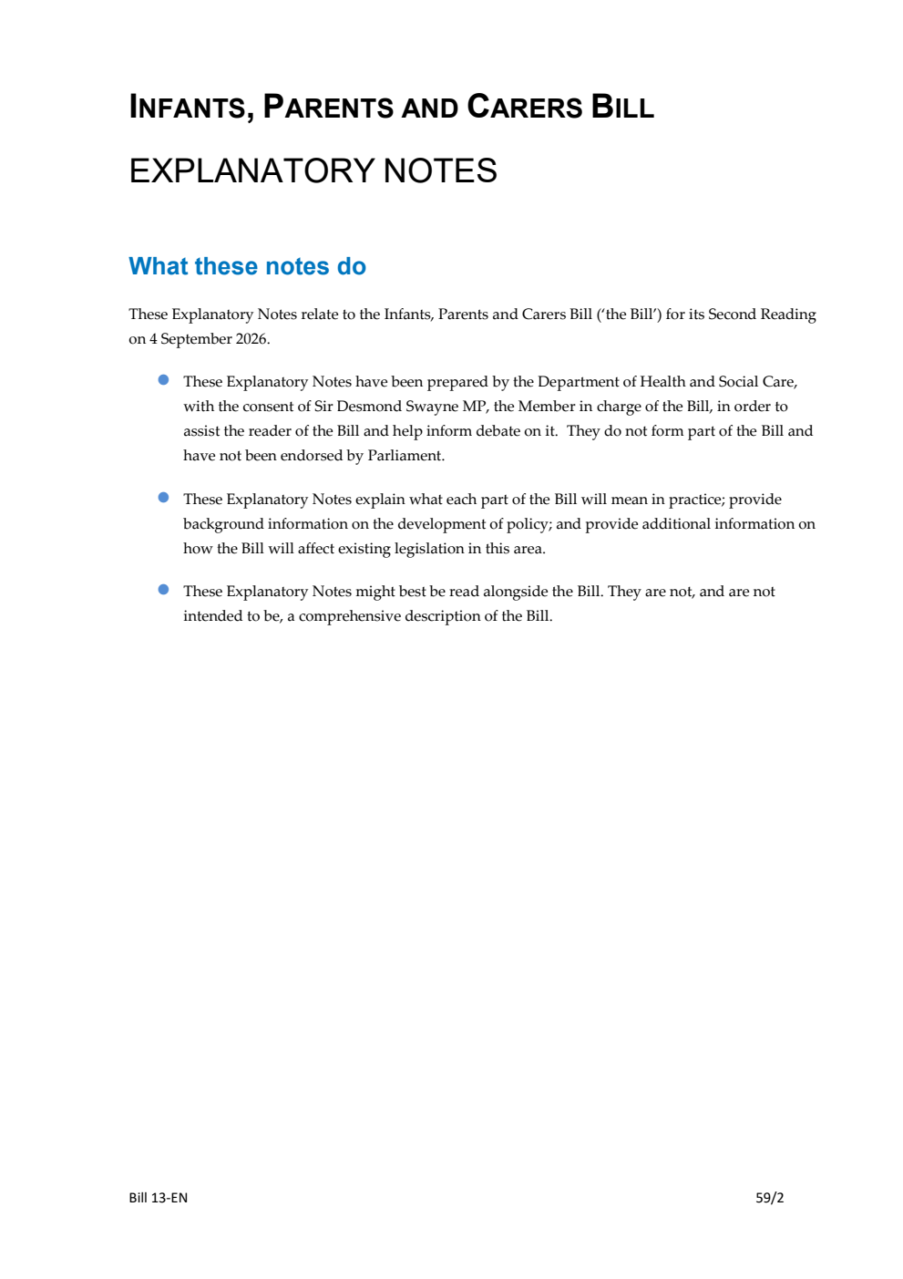 Infants, Parents and Carers Bill Explanatory Notes