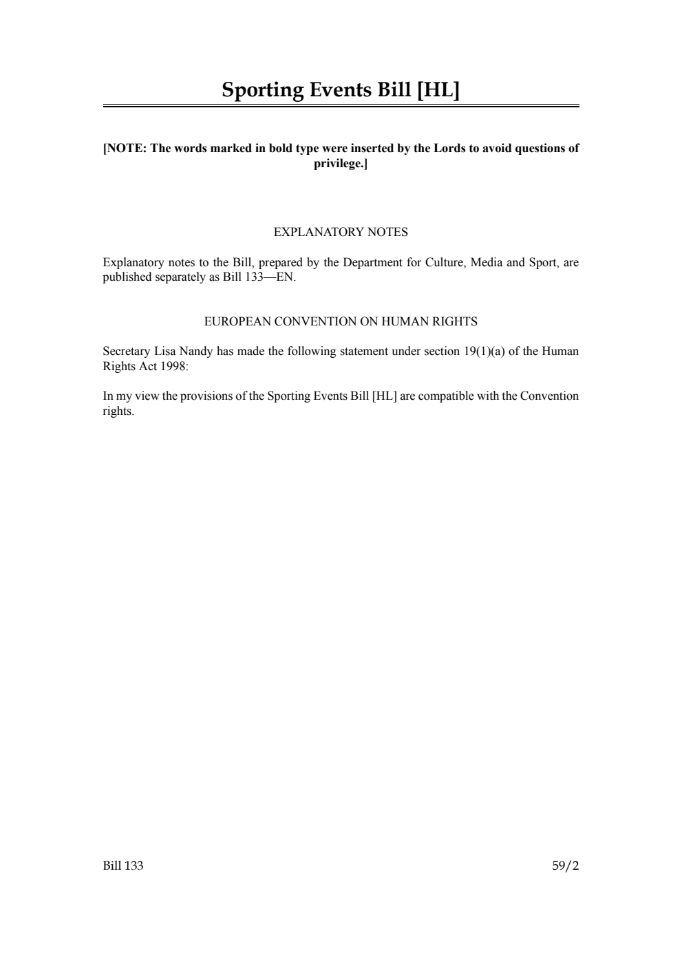 Sporting Events Bill [as brought from the Lords]