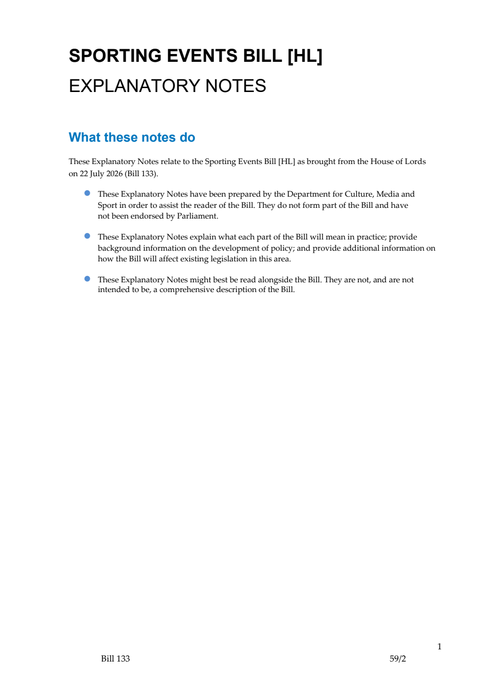 Sporting Events Bill Explanatory Notes