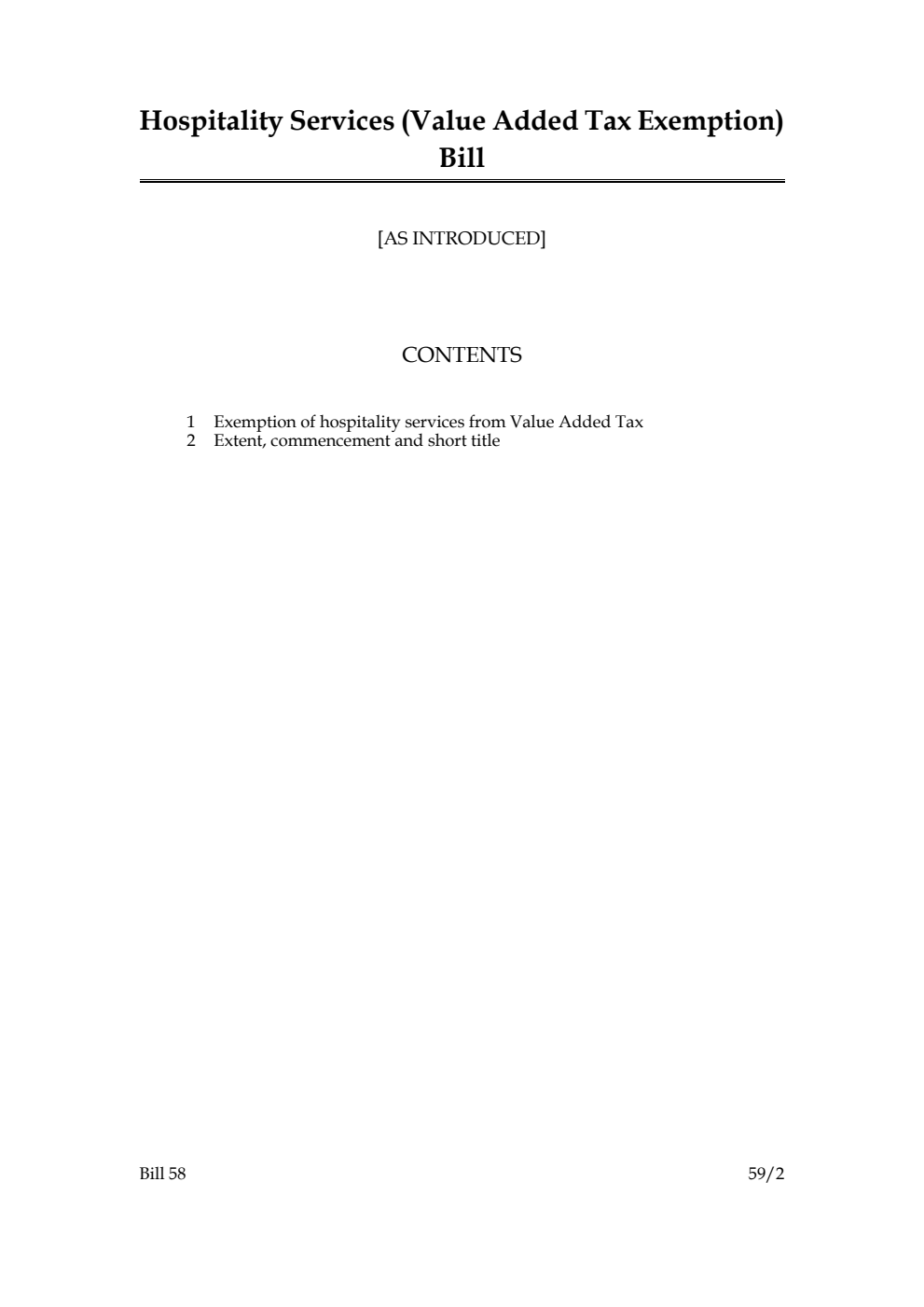 Hospitality Services (Value Added Tax Exemption) Bill