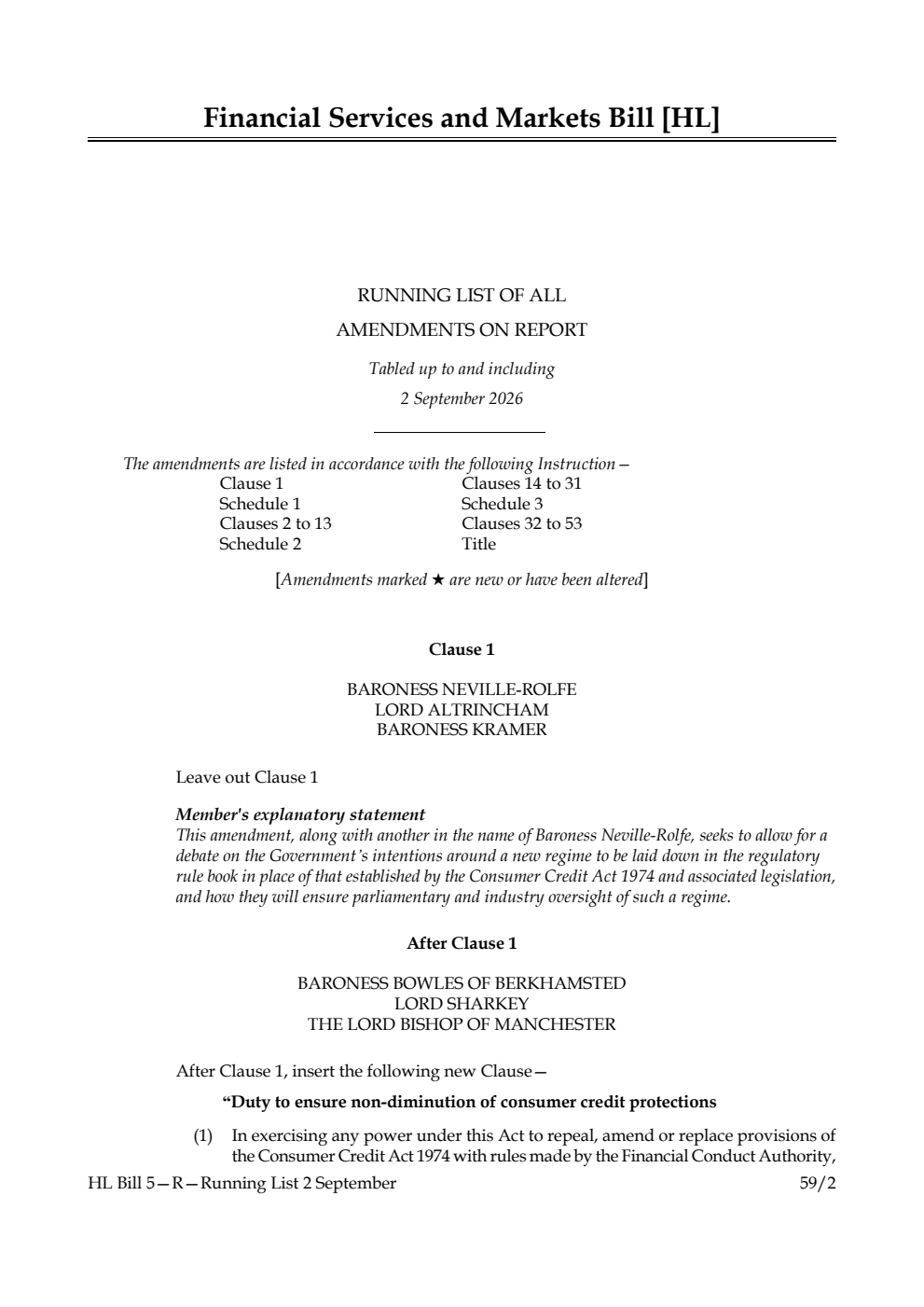 Financial Services and Markets Bill Running List of all amendments on report tabled up to and including 2 September 2026