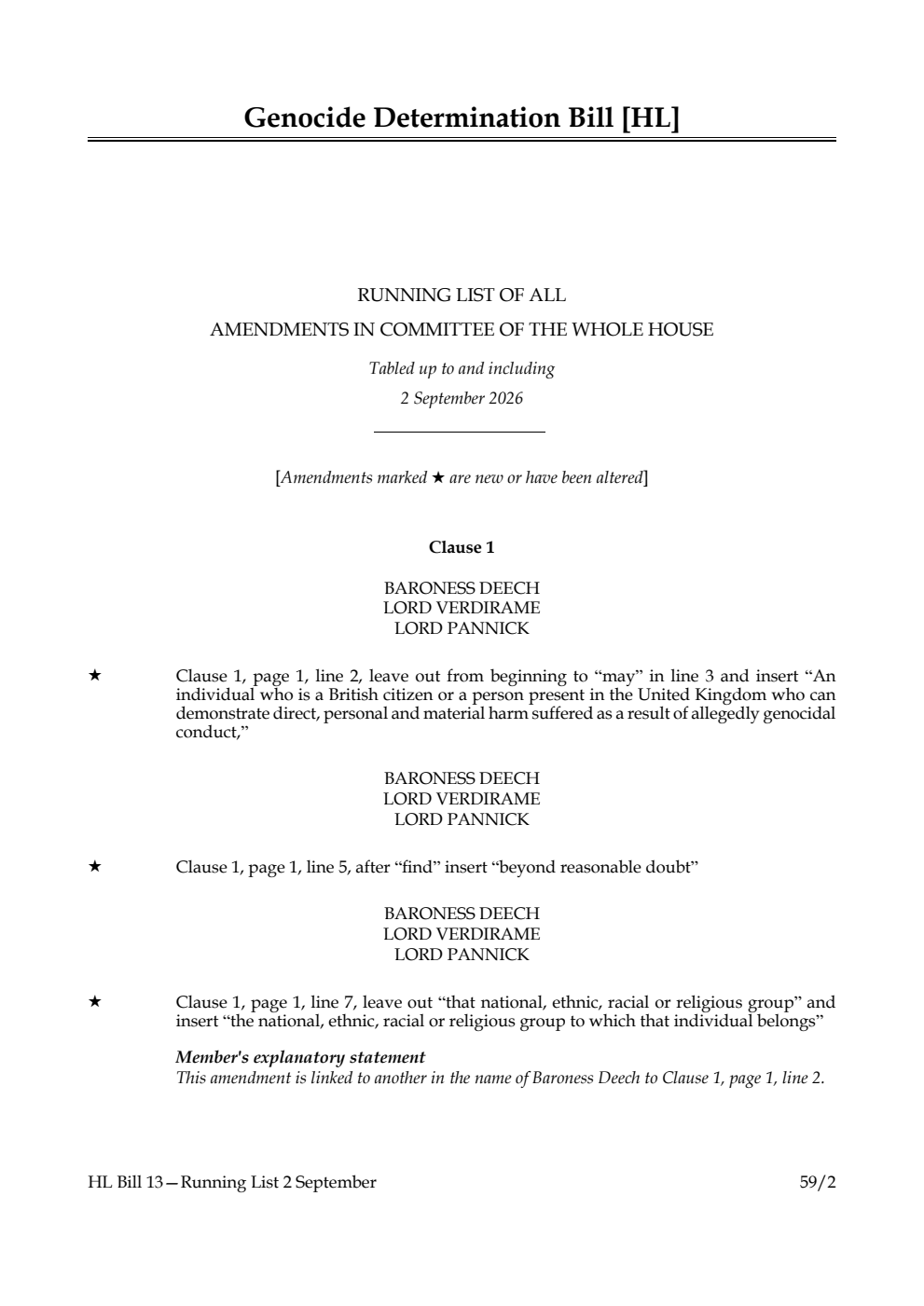Genocide Determination Bill Running List of all amendments in Committee of the Whole House tabled up to and including 2 September 2026