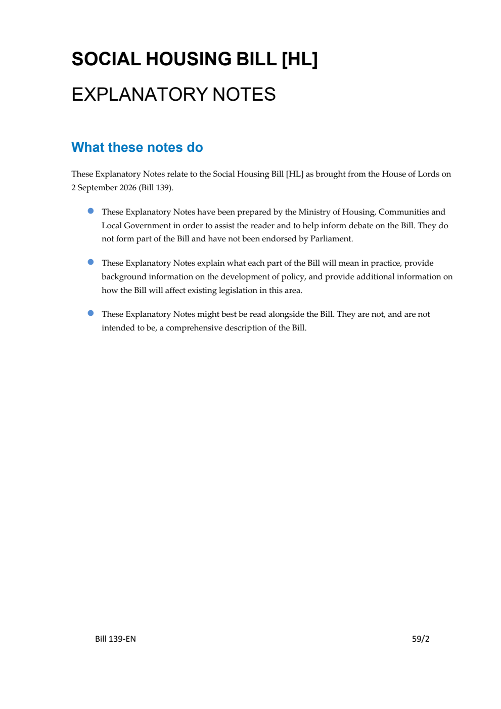Social Housing Bill Explanatory Notes