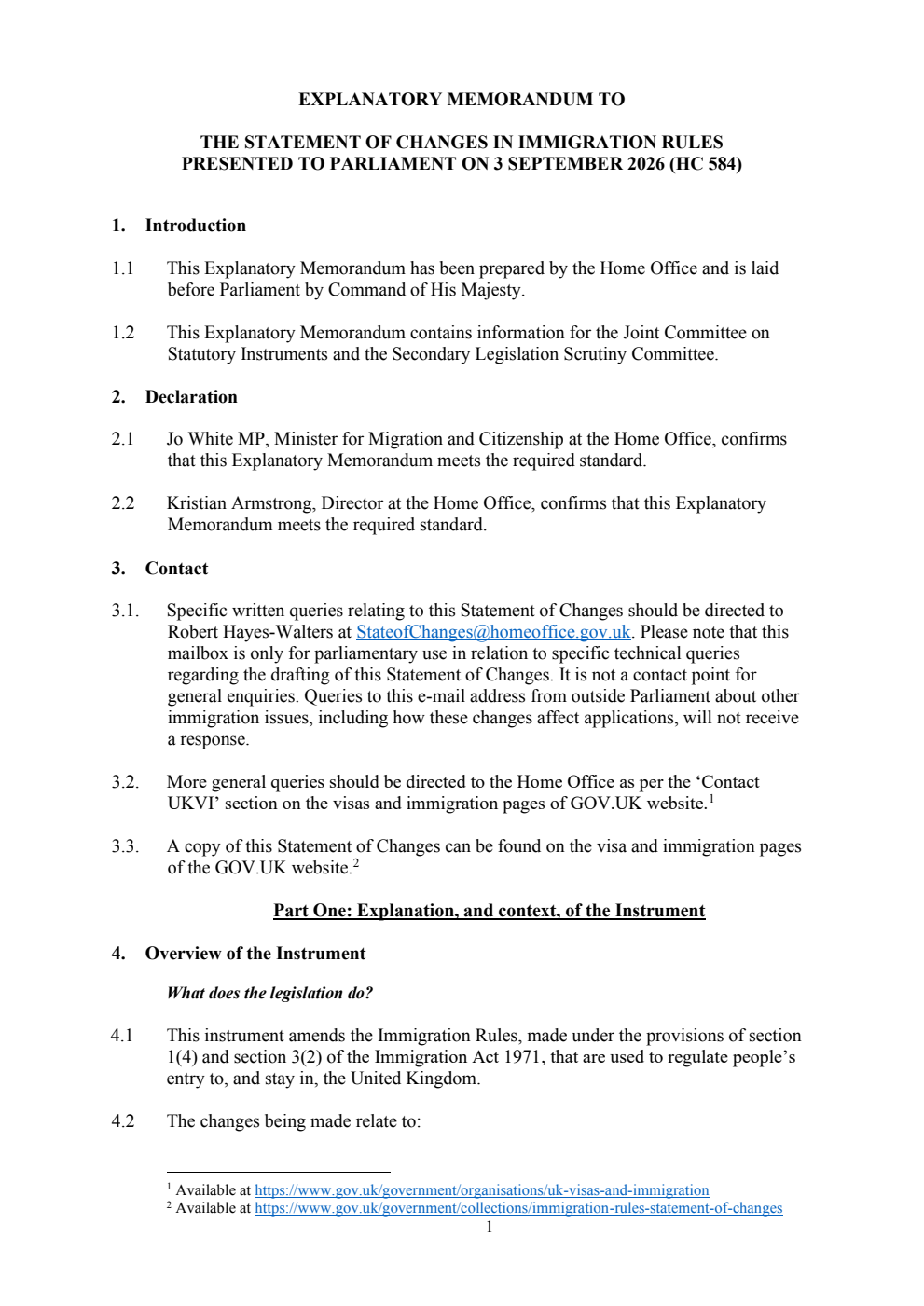 Explanatory Memorandum to the Statement of Changes in Immigration Rules