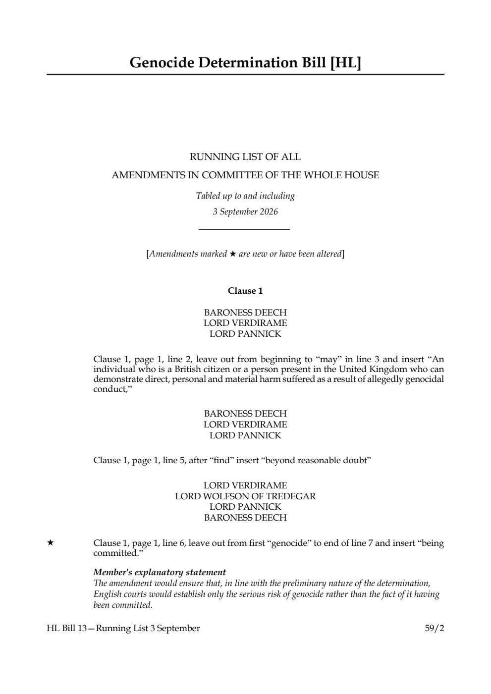 Genocide Determination Bill Running List of all amendments in Committee of the Whole House tabled up to and including 3 September 2026