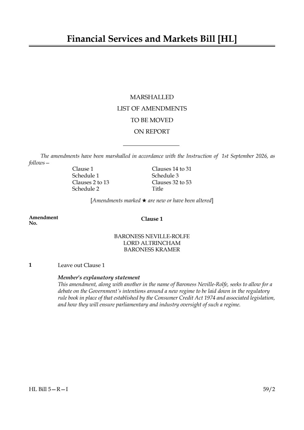 Financial Services and Markets Bill Marshalled List of amendments to be moved on report