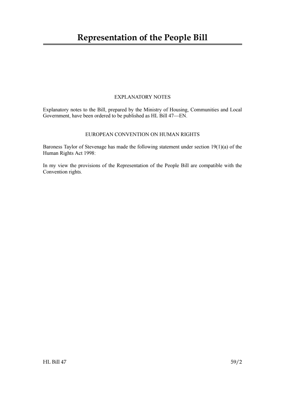 Representation of the People Bill [as brought from the Commons]