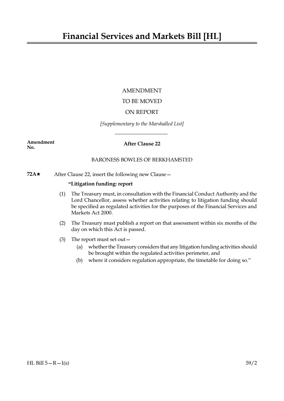 Financial Services and Markets Bill Amendment to be moved on report [Supplementary to the Marshalled List] 