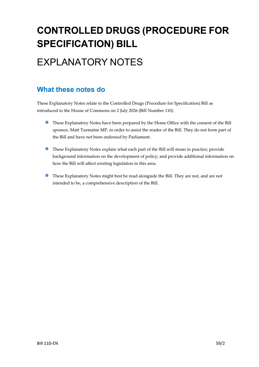 Controlled Drugs (Procedure for Specification) Bill Explanatory Notes