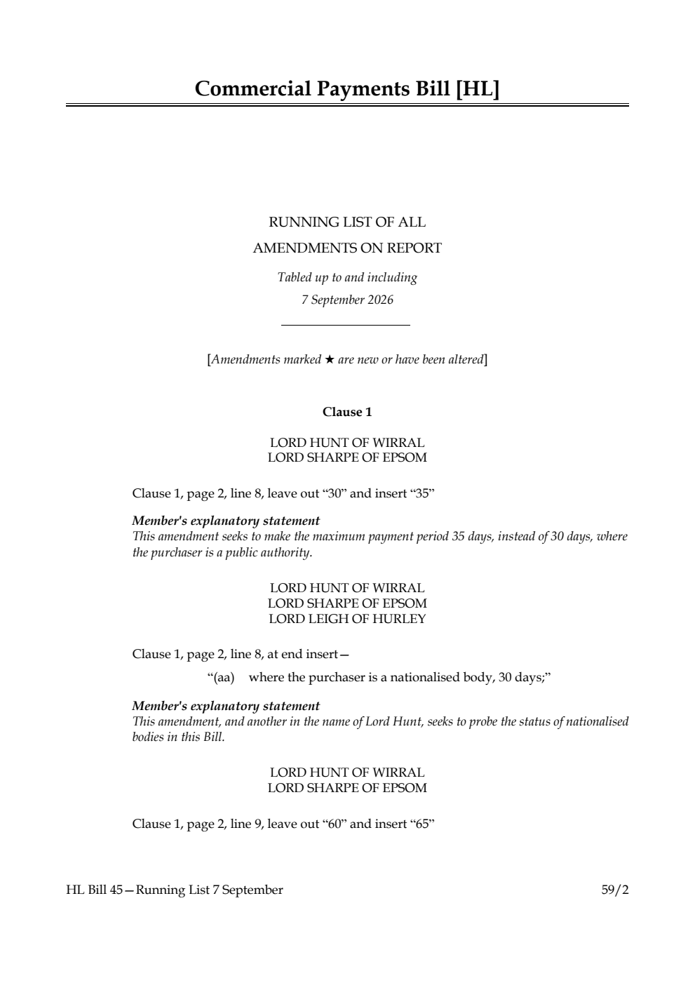 Commercial Payments Bill Running List of all amendments on report tabled up to and including 7 September 2026
