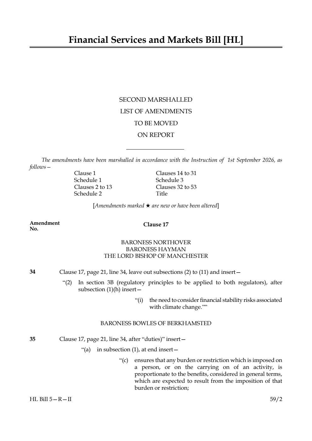 Financial Services and Markets Bill Second Marshalled List of amendments to be moved on report